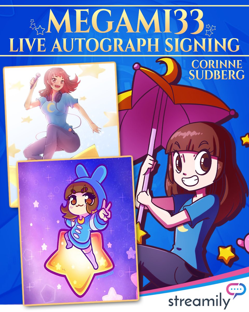 StreamilyLive's tweet photo. 🍃🏴‍☠️ APHMAU, ONE PIECE & MORE! CORINNE SUDBERG IS SIGNING LIVE!

Corinne Sudberg, the voice of Kim in Aphmau/MyStreet and Kozuki Momonosuke in One Piece, is getting ready for a special LIVE autograph signing on November 15th! ✨

Also known as VTuber Megami33, Corinne has prints available from across her work, including Aphmau, One Piece, Overlord, Fire Force, and her own VTuber persona!

Whether you're part of the Aphmau crew or following the adventures in Wano, grab your favorite print and tune in to watch Corinne sign LIVE! 💜

👉 https://t.co/vx2hh7tRIO

#Aphmau #OnePiece #Megami33 #CorinneSudberg #Streamily