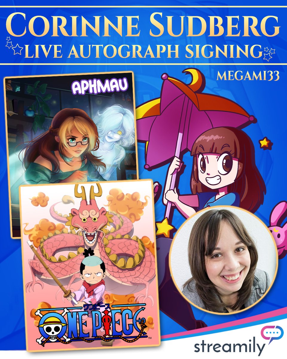 StreamilyLive's tweet photo. 🍃🏴‍☠️ APHMAU, ONE PIECE & MORE! CORINNE SUDBERG IS SIGNING LIVE!

Corinne Sudberg, the voice of Kim in Aphmau/MyStreet and Kozuki Momonosuke in One Piece, is getting ready for a special LIVE autograph signing on November 15th! ✨

Also known as VTuber Megami33, Corinne has prints available from across her work, including Aphmau, One Piece, Overlord, Fire Force, and her own VTuber persona!

Whether you're part of the Aphmau crew or following the adventures in Wano, grab your favorite print and tune in to watch Corinne sign LIVE! 💜

👉 https://t.co/vx2hh7tRIO

#Aphmau #OnePiece #Megami33 #CorinneSudberg #Streamily