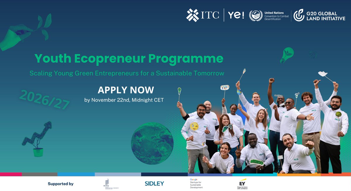 ITCnews's tweet photo. Building a green business or working on land restoration?

Apply now for the 2026–27 Youth Ecopreneur Programme!

Get access to:
📈 Business training & mentorship
🤝 Global networks & exposure
💰 Funding opportunities

Past alumni have raised millions and won global awards.

Apply here: https://t.co/WmjnYylKVZ