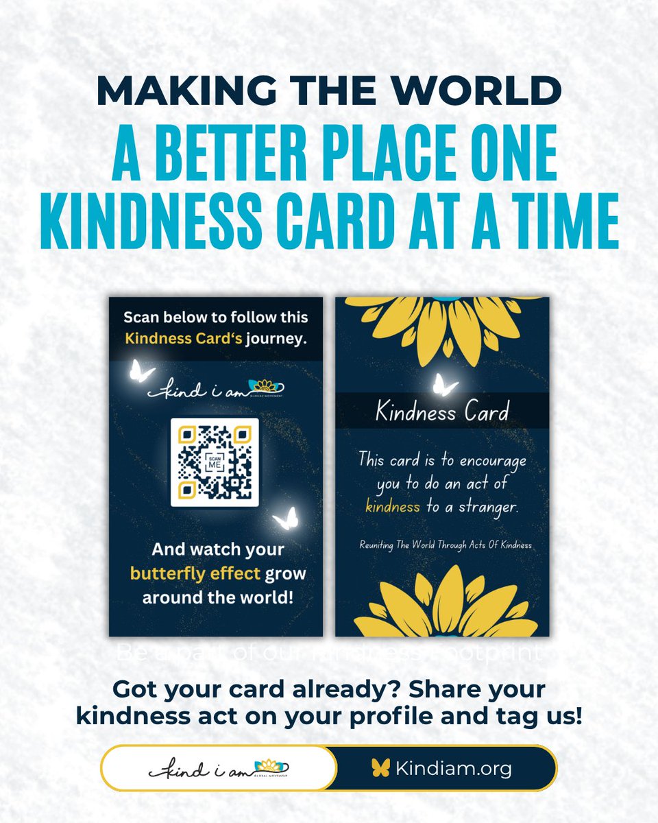 kindiammovement's tweet photo. A small act of kindness can brighten someoneβs day. π With Kindness Footprint, each QR-coded kindness card helps track good deeds on our global kindness map. πΊοΈπ
Spread kindness. Create impact.
π https://t.co/TxNoLzHTlL
#KindIAm #KindnessFootprint #SpreadKindness https://t.co/Pme66dPrXa