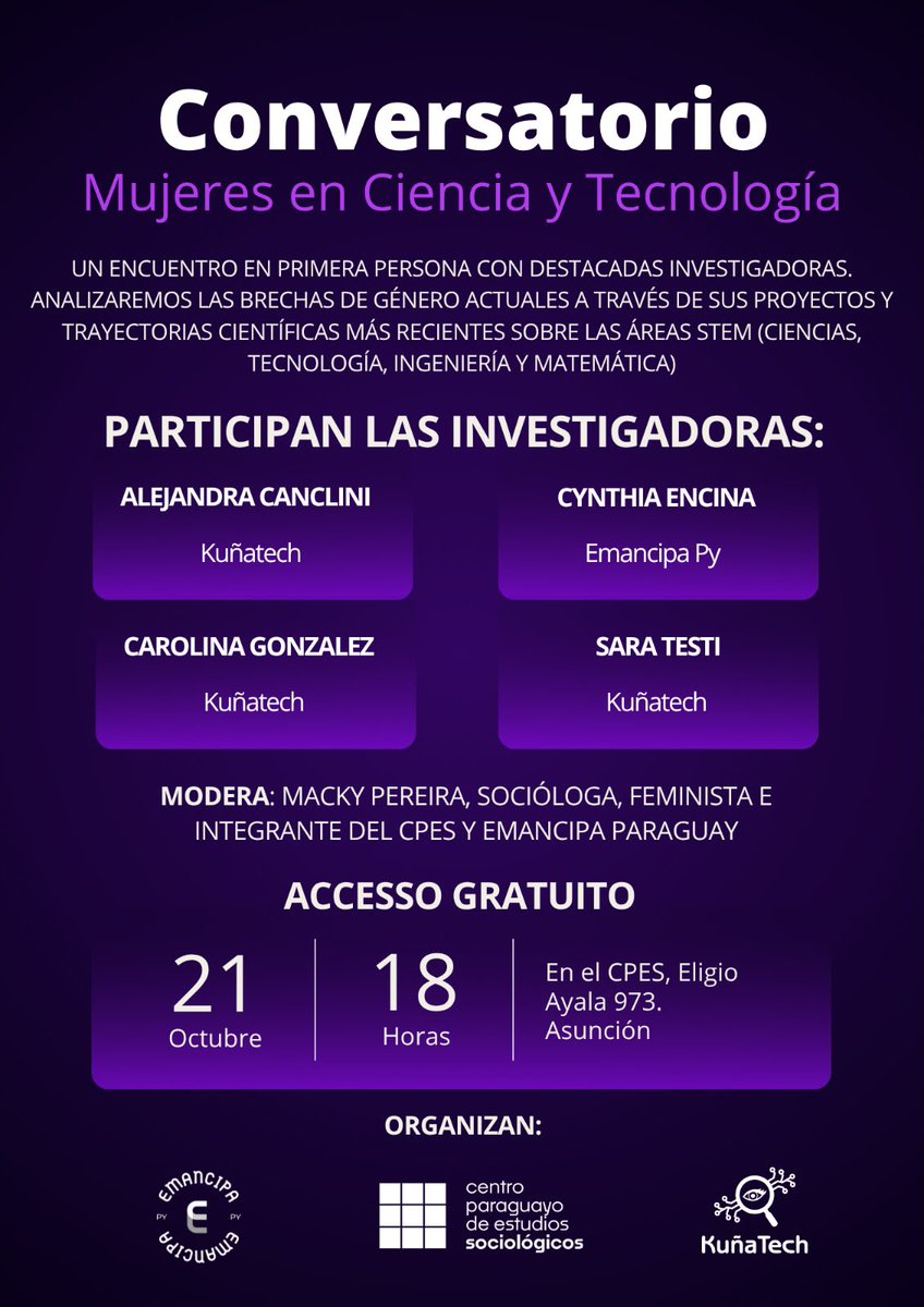kunatechpy's tweet photo. ¡Conversatorio: Mujeres en Ciencia y Tecnología! 👩‍💻

Te invitamos a un encuentro único con destacadas investigadoras para analizar las brechas de género actuales en las áreas STEM a través de sus proyectos y trayectorias. https://t.co/NAzdfpozKK
