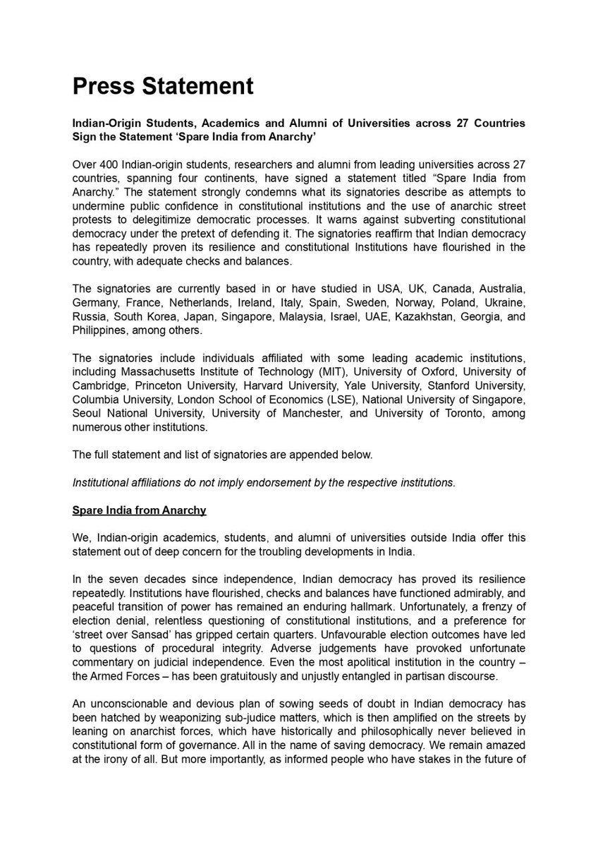 nabilajamal_'s tweet photo. #BREAKING

Over 400 Indian-origin students, researchers and alumni across 27 countries have issued a statement titled 'Spare India from Anarchy'

The signatories, including individuals affiliated with MIT, Oxford, Harvard, Stanford and Cambridge, have raised concerns over protests and what they describe as attempts to undermine India's constitutional institutions

The statement criticises the growing preference for street protests over parliamentary dialogue and calls for political differences to be resolved through constitutional and democratic processes