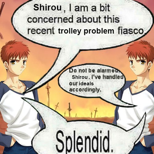 anime_alter's tweet photo. This Trolley problem  is no match against our ideals. We will save them all.
#ShirouDay https://t.co/CKXQDNfaZa