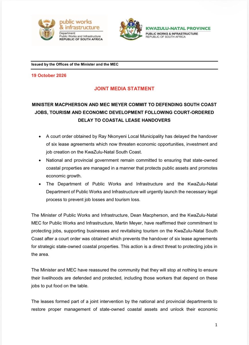DepartmentPWI's tweet photo. JOINT STATEMENT || The Minister of Public Works and Infrastructure, @DeanMacpherson , and the KwaZulu-Natal MEC for Public Works and Infrastructure, Martin Meyer, have reaffirmed their commitment to protecting jobs, supporting businesses and revitalising tourism on the KwaZulu-Natal South Coast after a court order was obtained which prevents the handover of six lease agreements for strategic state-owned coastal properties.