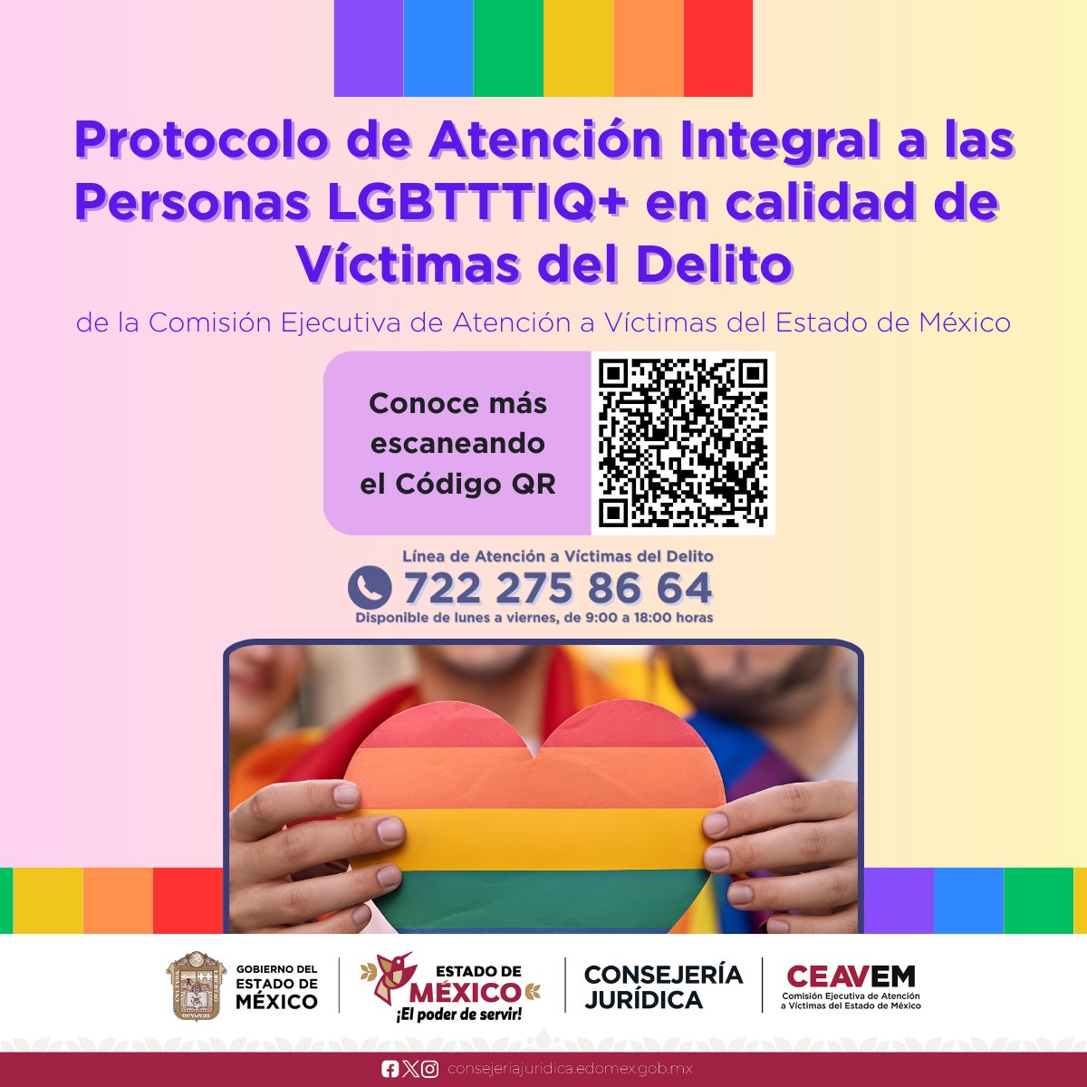 CEAVEM's tweet photo. 🌈 ¡Tus derechos cuentan!
La #CEAVEM garantiza los Derechos Humanos de la Diversidad Sexual y de Género a víctimas del delito a través del el Protocolo de Atención Integral a las Personas #LGBTTTIQ.

☎️722 275 86 64

#ElPoderDeServir https://t.co/F7dAVl4s2G