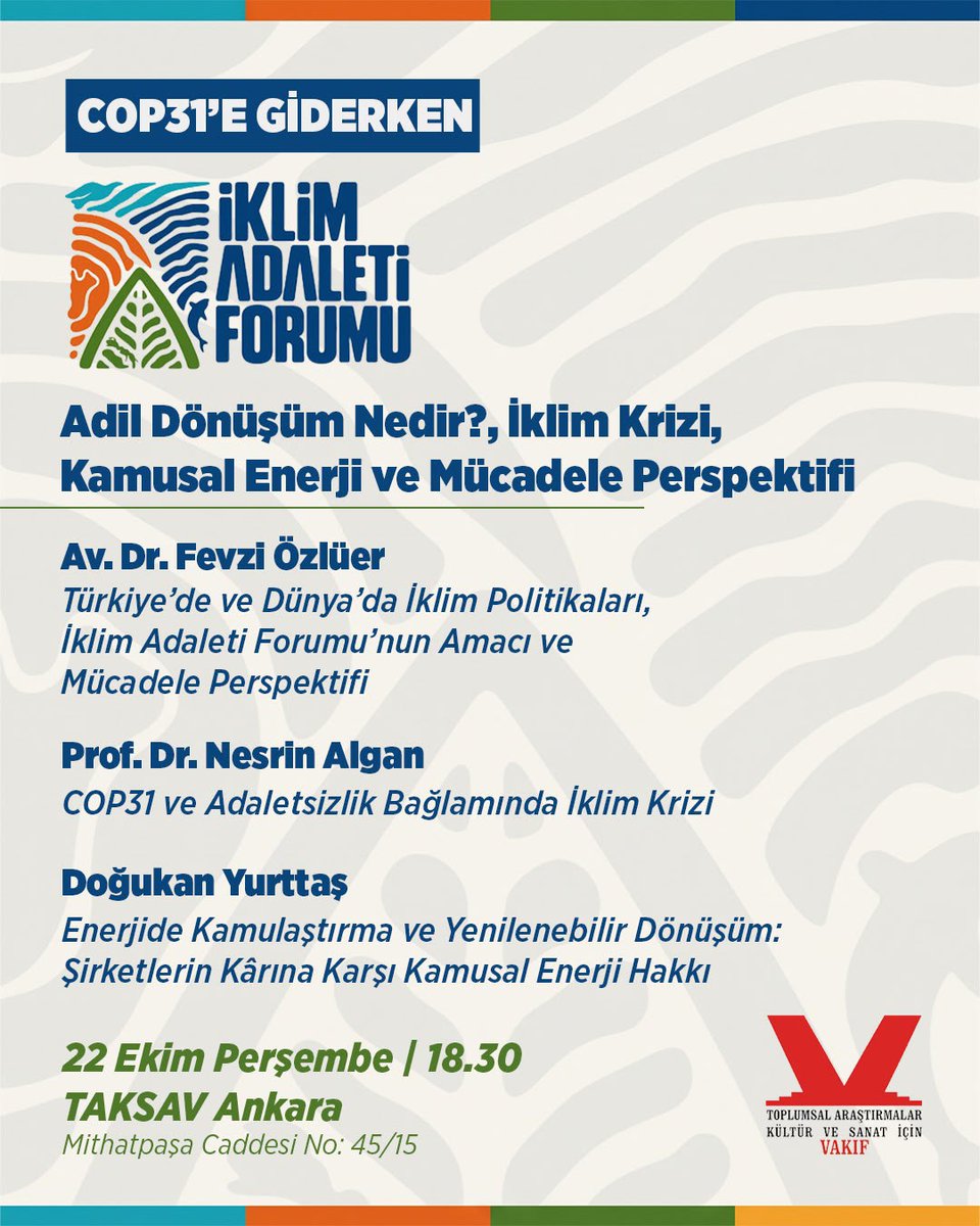 Taksav1992's tweet photo. COP31’E GİDERKEN
Adil Dönüşüm Nedir?, İklim Krizi, Kamusal Enerji ve Mücadele Perspektifi

İKLİM ADALETİ FORUMU

22 Ekim Perşembe | 18.30
TAKSAV
Mithatpaşa Caddesi No: 45/15 https://t.co/0K9SKsDrrp