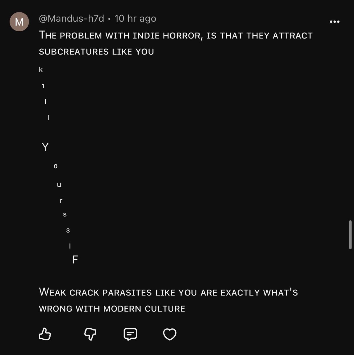 Thafnine's tweet photo. i promise i’ll stop highlighting hate comments i get but this one was too funny, they got creative with it ffs https://t.co/v7gBXbBGC1