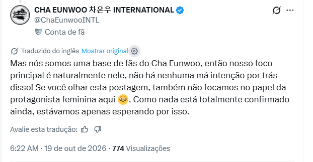 beleedongmin's tweet photo. Que desculpa esfarrapada!

Nem CEW nem  *ShinYeeun* confirmaram oficialmente se aceitaram o convite! Mas justamente quando MKY recusou o papel e outra atriz foi anunciada vocês divulgam a escalação de prota feminina... E outra: se o foco de vocês é o CEW, a escalação da MKY para  Seorabeol num drama onde CEW foi divulgado como protagonista desde agosto deveria ter sido noticiada por vocês também! O duplo padrão e a falta de imparcialidade fica   bem evidente.