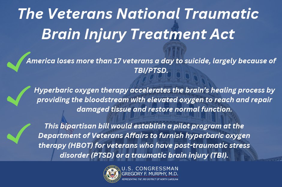 RepGregMurphy's tweet photo. More than 17 veterans die by suicide each day. Many are battling the lasting effects of traumatic brain injuries (TBI) and PTSD.

Hyperbaric oxygen therapy (HBOT) offers a potential treatment option to help veterans recover. My bipartisan Veterans National Traumatic Brain Injury Treatment Act, H.R. 1336, would establish a VA pilot program to provide HBOT to veterans with PTSD and TBI.