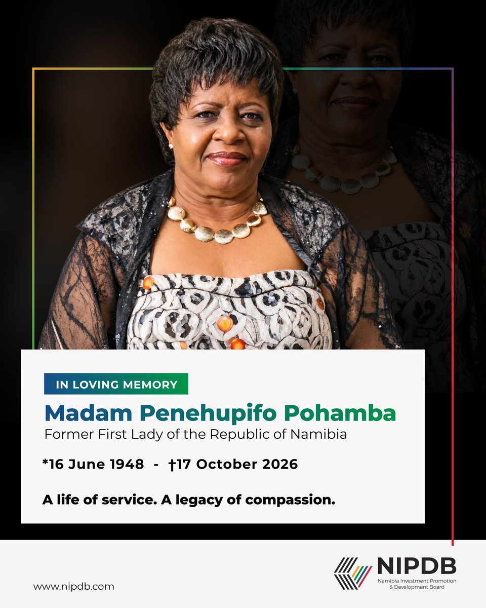 NIPDB's tweet photo. NIPDB joins the nation in mourning former First Lady Madam Penehupifo Pohamba. We extend heartfelt condolences to H.E. Dr Hifikepunye Pohamba, the Pohamba family and all Namibians. Her legacy of compassion and service will endure. May her soul rest in eternal peace. https://t.co/1ZivSuMr6T