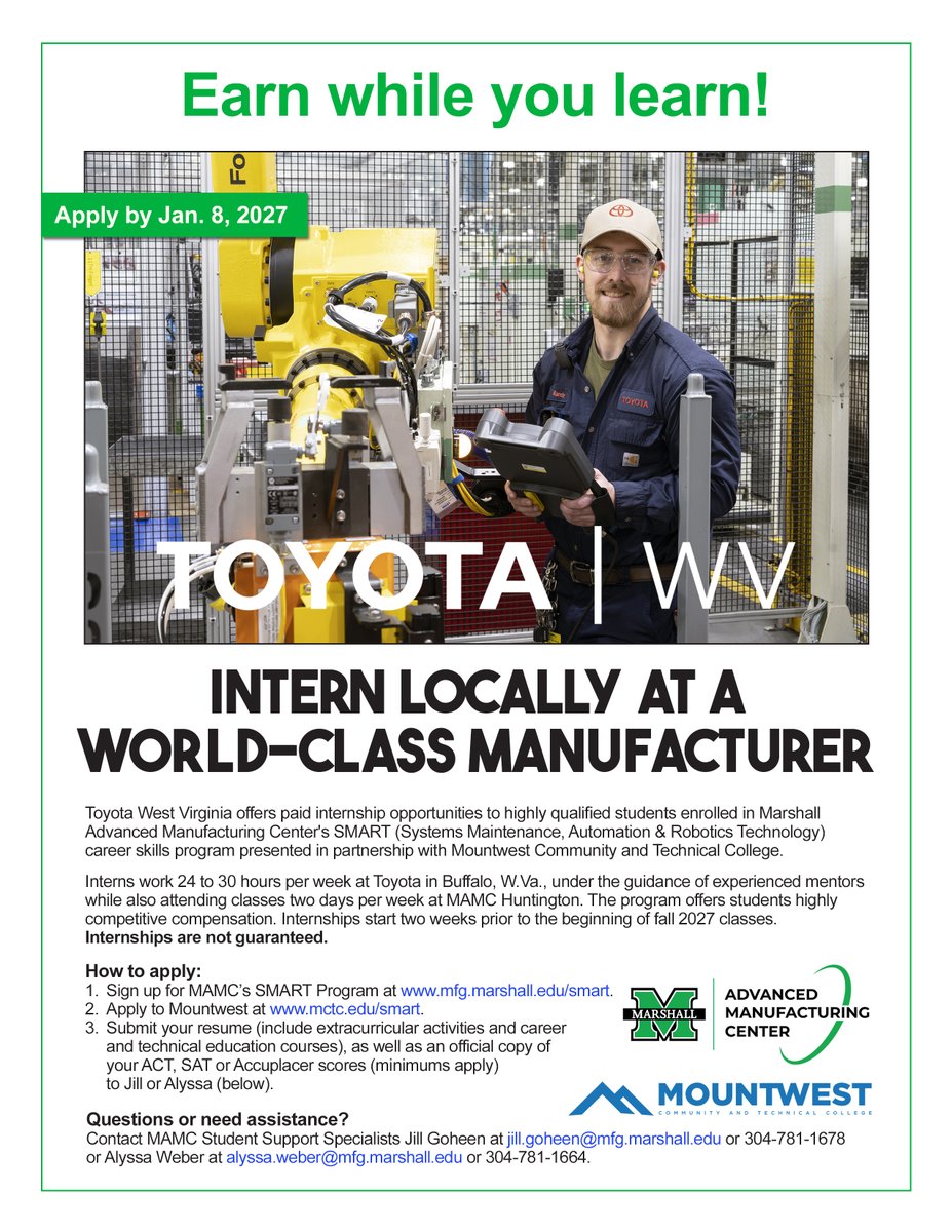 MUAdvMfg's tweet photo. Earn while you learn! Gain hands-on experience with a paid internship at Toyota West Virginia through MAMC's SMART Program. Apply by Jan. 8, 2027. #Toyota #manufacturing #stem #wv #science https://t.co/gp0N52oEnf