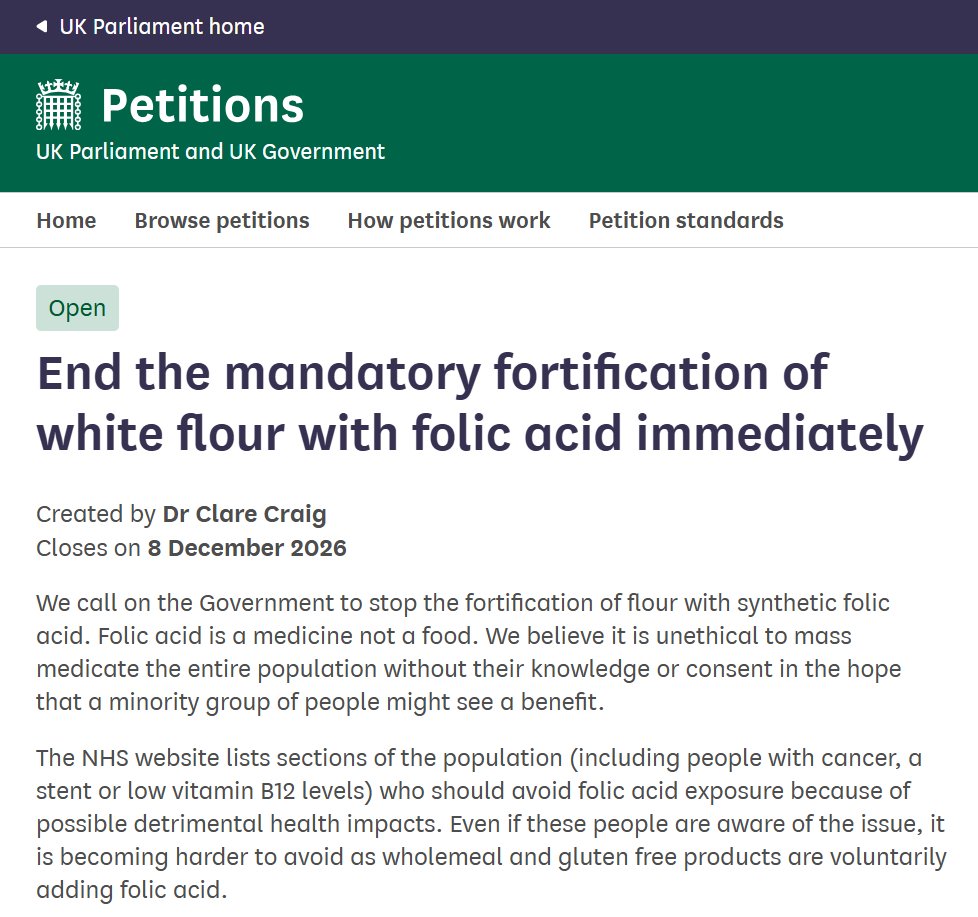 A1an_M's tweet photo. As the UK government has decided to add folic acid to all non-wholemeal flour from December 2026 and this has provoked a lot of controversy, including a popular (>100,000 signatures so far) petition raised by @ClareCraigPath asking for the policy to be overturned, I thought I'd try to write a thread in plain English explaining what it's all about for anyone new to the topic.

I'll try to be as objective as I can and point you at scientific references so you can go and read more if you want - or if you are one of those people who only trusts "the experts" and calls anyone who reads things and thinks for themselves a "conspiracy theorist" 🙄. 

But if you really are an expert and find something wrong here, feel free to quibble in the comments 🙂
And I'm sure I'll miss something important so feel free to add that too...

I'll try to cover these points:

1⃣What is folic acid and what is folate?
2⃣Why is folate important?
3⃣Why is it being added to non-wholemeal flour?
4⃣What are the potential benefits?
5⃣What are the potential risks?
6⃣Why is this a bad policy that needs to be overturned?

🧵1/n