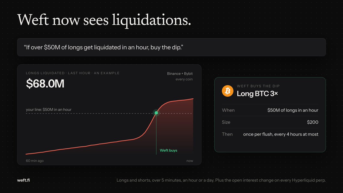 weftfinance's tweet photo. Weft sees liquidations.

"If $50M of longs get liquidated in an hour, buy the dip."
"If shorts get squeezed on SOL, take profit on my long."

Longs and shorts liquidated on Binance and Bybit, over 5 minutes, an hour and a day. Plus the open interest change on every Hyperliquid perp.
