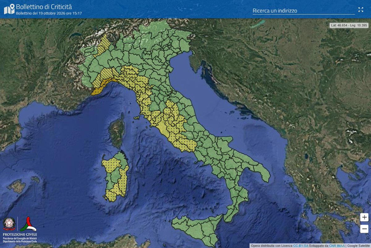 DPCgov's tweet photo. ⛈Pioggia al Centro-Nord.
📅Martedì #20ottobre
🔔🟠#allertaARANCIONE in Liguria.
🔔🟡#allertaGIALLA in sette regioni.
🔎Leggi l’avviso meteo del #19ottobre 👉https://t.co/SYminYSpNH
#protezionecivile https://t.co/oEB9B0sh8S