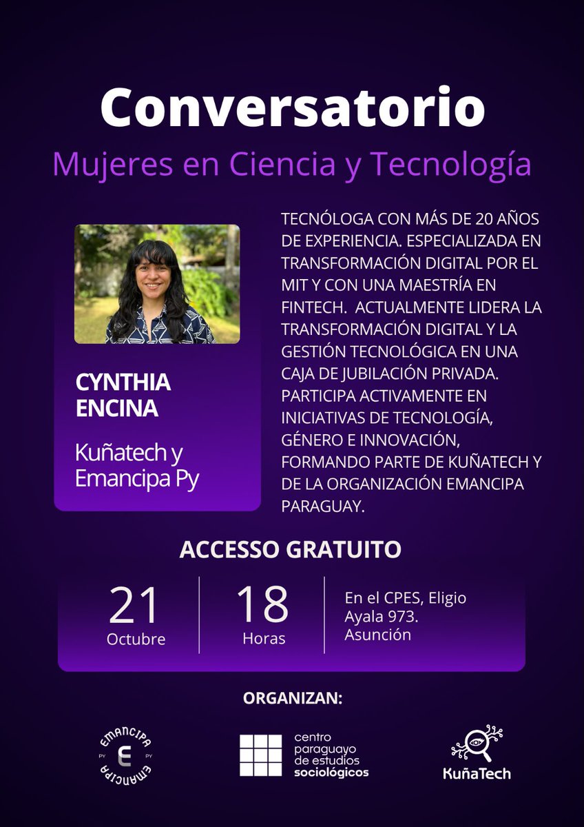 kunatechpy's tweet photo. ¡Conversatorio: Mujeres en Ciencia y Tecnología! 👩‍💻

Te invitamos a un encuentro único con destacadas investigadoras para analizar las brechas de género actuales en las áreas STEM a través de sus proyectos y trayectorias. https://t.co/NAzdfpozKK