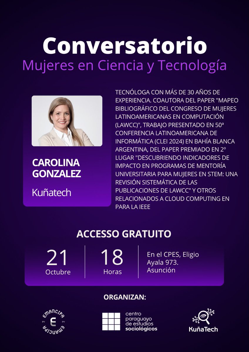 kunatechpy's tweet photo. ¡Conversatorio: Mujeres en Ciencia y Tecnología! 👩‍💻

Te invitamos a un encuentro único con destacadas investigadoras para analizar las brechas de género actuales en las áreas STEM a través de sus proyectos y trayectorias. https://t.co/NAzdfpozKK