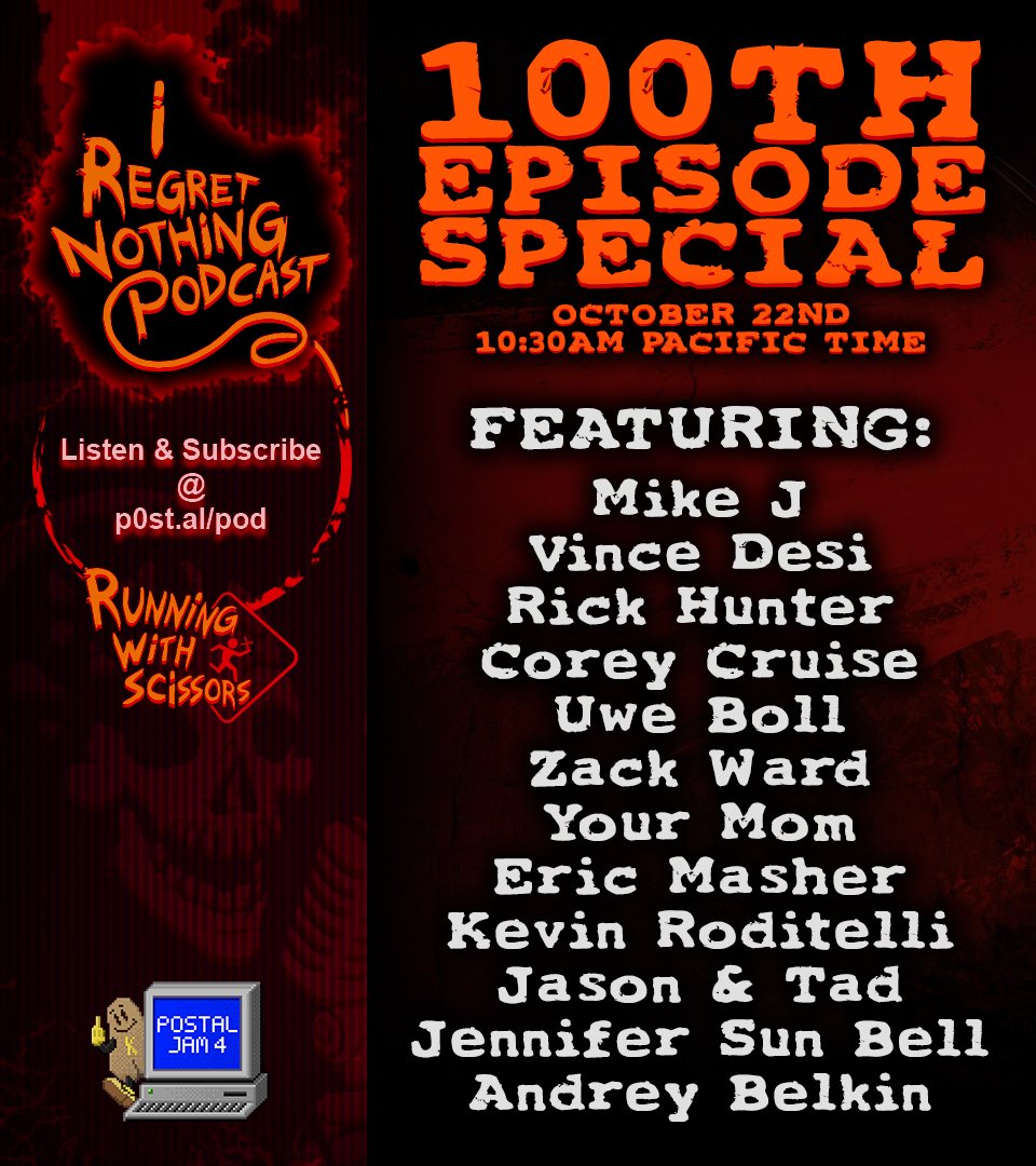 RWSstudios's tweet photo. The 100th episode of the "I Regret Nothing Podcast" has to be the very best. So we're preparing the most jam-packed episode ever, featuring many names you've heard before.

We'll also be announcing the winners of the 4th edition of the POSTAL Jam.

Don't miss it, join us on Youtube, Facebook, Twitch, TikTok and wherever else we stream it. October 22nd, 10:30am PT, save the date!