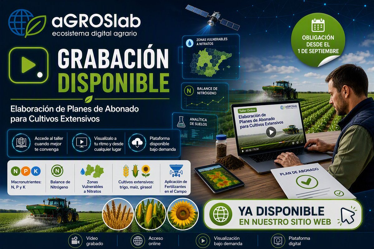 aGROSLabCE's tweet photo. 🌱 Ya está disponible la grabación del taller “Elaboración de Planes de Abonado para Cultivos Extensivos”
Un caso práctico completo para técnicos y entidades de asesoramiento agrario.
🎥https://t.co/MvA2R5V6YB
#Agricultura #PlanDeAbonado #aGROSlab https://t.co/P4o3vOUCqw