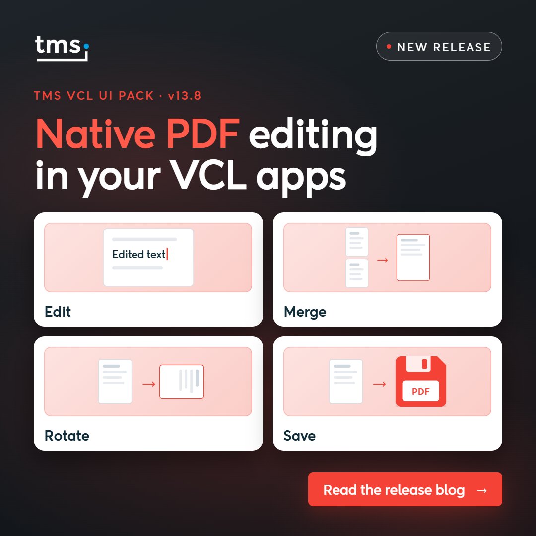 TMSsoftwareNews's tweet photo. Ran 5 commands
TMS VCL UI Pack v13.8.0.0 is out 📄 Open, merge, rotate, edit and save existing PDFs in Delphi and C++Builder, or extract text.

https://t.co/TpaBDSfZQu https://t.co/wbx5zy15Db