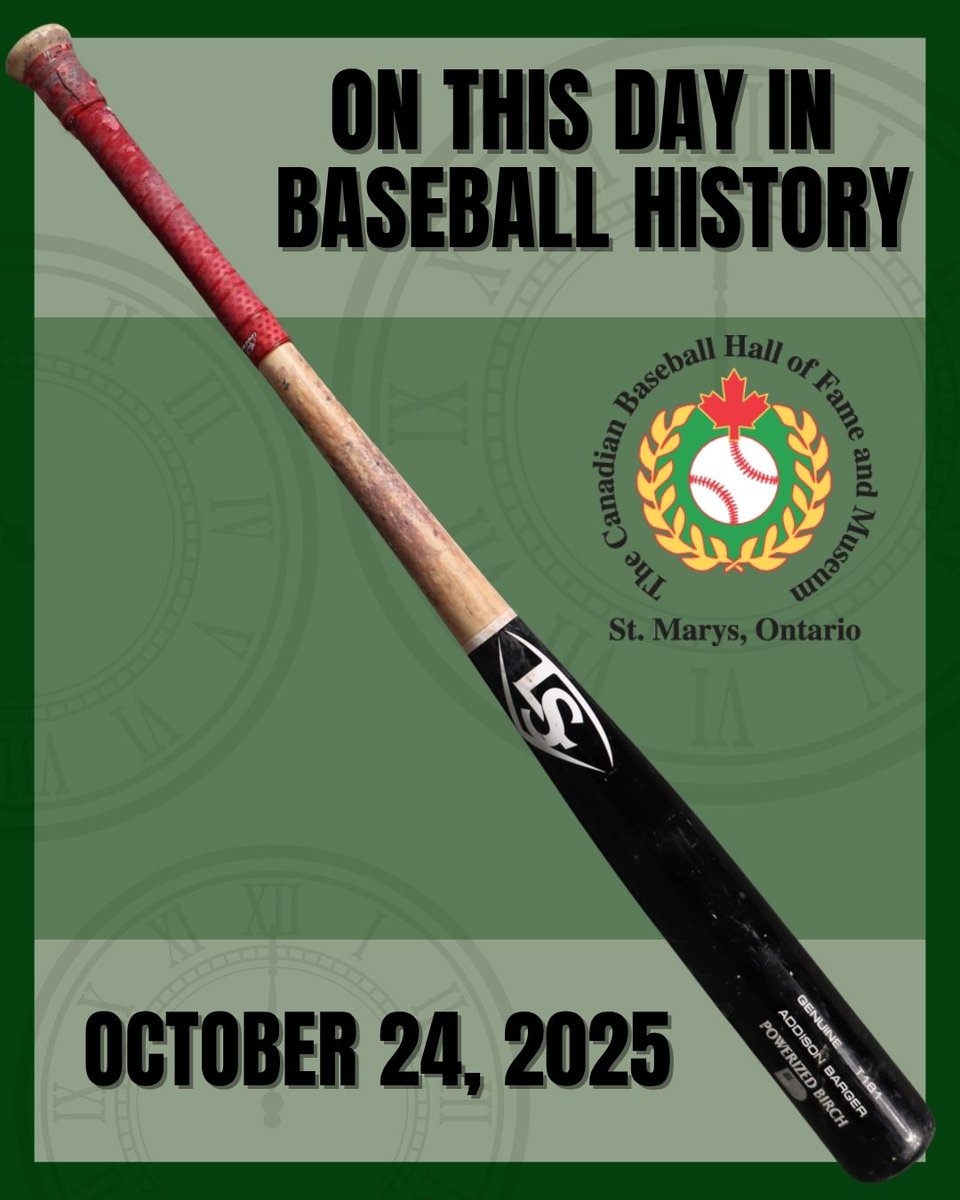 CDNBaseballHOF's tweet photo. #OnThisDay one year ago, Addison Barger hit the first pinch hit grand slam in the history of the World Series!

In the bottom of the 6th inning of Game 1, Barger replaced Davis Schneider at the plate, facing Anthony Banda with the bases loaded. Barger rocked a ball to centerfield, recording not only the first Grand Slam in Toronto World Series history, but the first pinch hit grand slam in all of World Series history.

This bat, which is currently on display at the Canadian Baseball Hall of Fame & Museum was used by Barger in Game 5 when he broke it on a single into right field off Blake Snell.
#OTD #baseballhistory #canadianbaseball #worldseries @BlueJays  @baseballhall