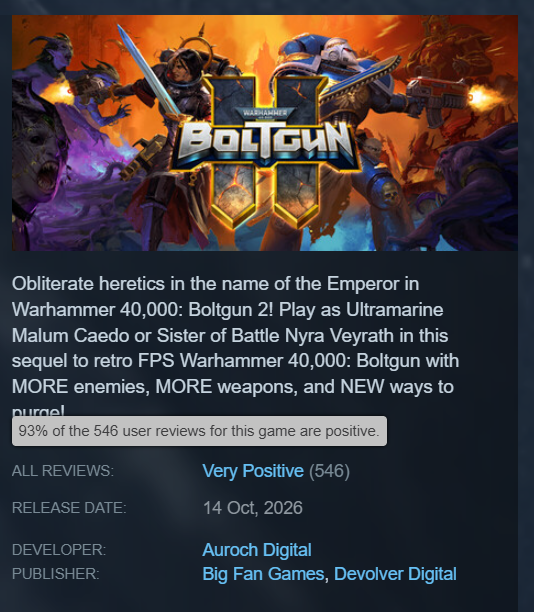 AurochDigital's tweet photo. A huge thank you to everyone who has played and reviewed Warhammer 40,000: Boltgun 2 so far. Reviews help us a lot and we appreciate every single one! 

We are very proud to be rated at 93% on Steam by our amazing players. Please leave us a game review if you get the chance. ❤️

For the Emperor!