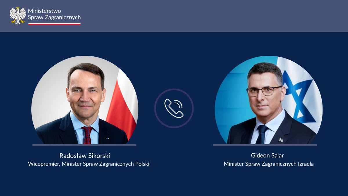 MSZ_RP's tweet photo. 📞🇵🇱🇮🇱 Wicepremier, minister spraw zagranicznych @sikorskiradek rozmawiał ze swoim izraelskim odpowiednikiem @gidonsaar.

❗ Głównym tematem rozmowy był atak nielegalnych izraelskich osadników na konwój dyplomatyczny na Zachodnim Brzegu Jordanu, w którym znajdowali się również polscy dyplomaci. Minister @gidonsaar poinformował o przeprowadzonej operacji policyjnej i zatrzymaniach w związku z tym zdarzeniem.

Strona izraelska poruszyła również kwestię przystąpienia Polski do zainicjowanego przez Wielką Brytanię wspólnego stanowiska 12 państw w sprawie ograniczeń w handlu towarami pochodzącymi z nielegalnych osiedli izraelskich na okupowanych terytoriach palestyńskich.

Minister Sikorski podkreślił, że Zachodni Brzeg Jordanu i Strefa Gazy nie są częścią Izraela. Izrael jest na tych terytoriach władzą okupacyjną, co wiąże się z konkretnymi obowiązkami wynikającymi z prawa międzynarodowego, w szczególności w zakresie ochrony ludności cywilnej.

🌍 Ministrowie omówili także rosyjskie wsparcie dla Iranu oraz sytuację bezpieczeństwa w obu regionach.
W odniesieniu do rosyjskiej agresji na Ukrainę 🇺🇦 minister Sikorski podkreślił konieczność zwiększenia międzynarodowej presji na Rosję, która jest agresorem, a nie na ofiarę tej agresji.

Obaj ministrowie zgodzili się, że Polska jest krajem bezpiecznym i przyjaznym dla odwiedzających. Potwierdza to m. in. rosnąca liczba turystów z Izraela wybierających Polskę jako cel swoich podróży.