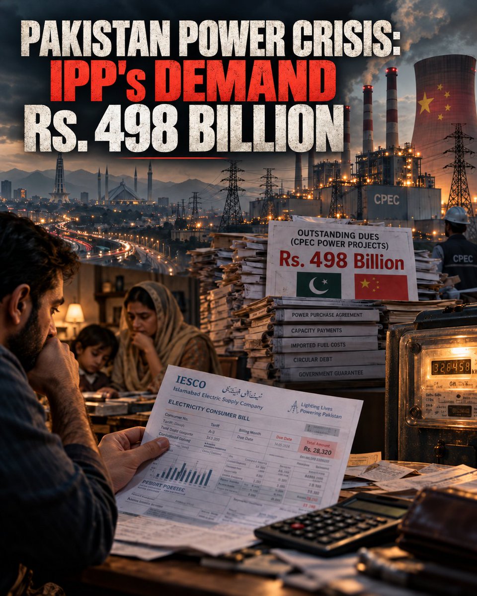 VoiceOfCustPK's tweet photo. ⚡ RS. 498 BILLION UNPAID TO IPP's — WILL CONSUMERS BE FORCED TO PAY FOR THIS TOO?

Pakistan’s power sector has another massive financial problem on its hands.

Chinese power projects established under CPEC are reportedly waiting for Rs. 498 billion in unpaid dues from CPPA-G.

That is nearly half a trillion rupees.

Now the real question is simple:

Who will eventually pay this bill?

Pakistani consumers are already being crushed under expensive electricity, taxes, surcharges, fuel adjustments and repeated tariff increases.

If these outstanding liabilities eventually translate into higher tariffs, additional surcharges or another financial burden on electricity users, it would mean ordinary Pakistanis are once again being asked to pay for problems they did not create.

The public deserves complete transparency.

How did Rs. 498 billion remain unpaid? Who is responsible? And most importantly — will this cost eventually be passed on to millions of electricity consumers?

Because whenever Pakistan’s power sector runs into billions in losses and liabilities, consumers have every reason to worry about one thing:

Is another increase in our electricity bills coming?

#VoiceOfCustomer #ElectricityBills #CPEC #CPPA #NEPRA #PowerSector #ConsumerRights #Pakistan