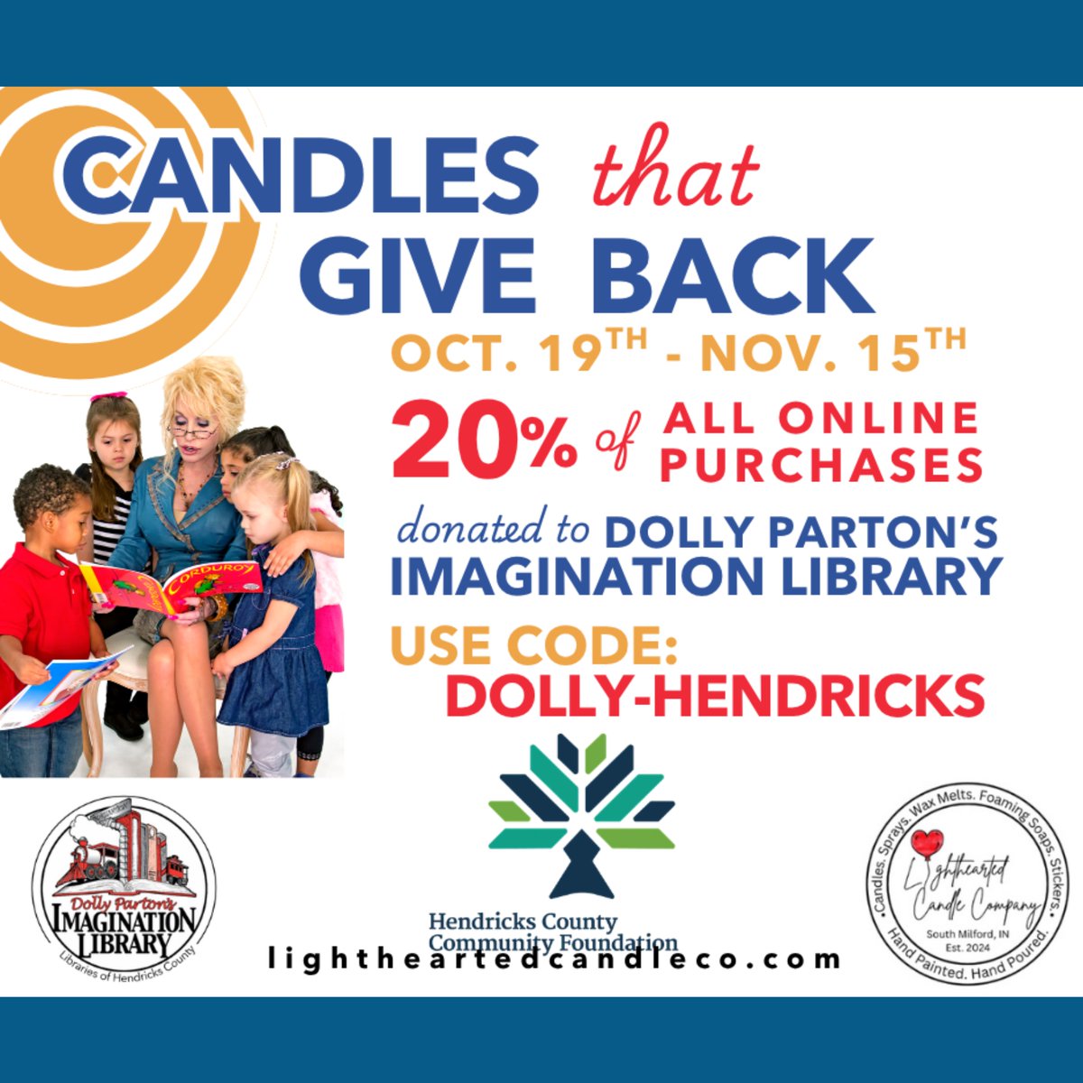 AvonLibrary's tweet photo. 📚 Let’s bring more books and reading joy to children in Hendricks Co!  From 10/19 through 11/15, 20% of all online purchases will be donated to Dolly Parton’s Imagination Library. 💛  Learn more and shop:
https://t.co/HARYlqFC9k https://t.co/RncPCOZUha