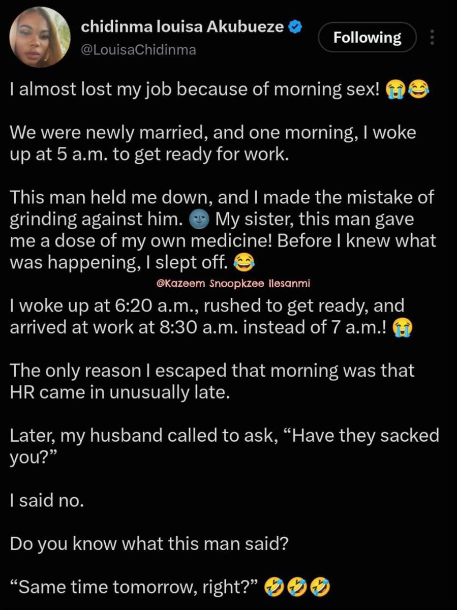 godwinibe's tweet photo. MARRIAGE IS SWEET
She arrived late to work after morning romance with her husband. Luckily, HR also came late!
Oga later called: “Have they sacked you? Same time tomorrow, right?”
Married people, una dey do morning romance?
#Marriage #Relationship
_
#drgodwinibe #drgodwin https://t.co/8ogmIRNEEt