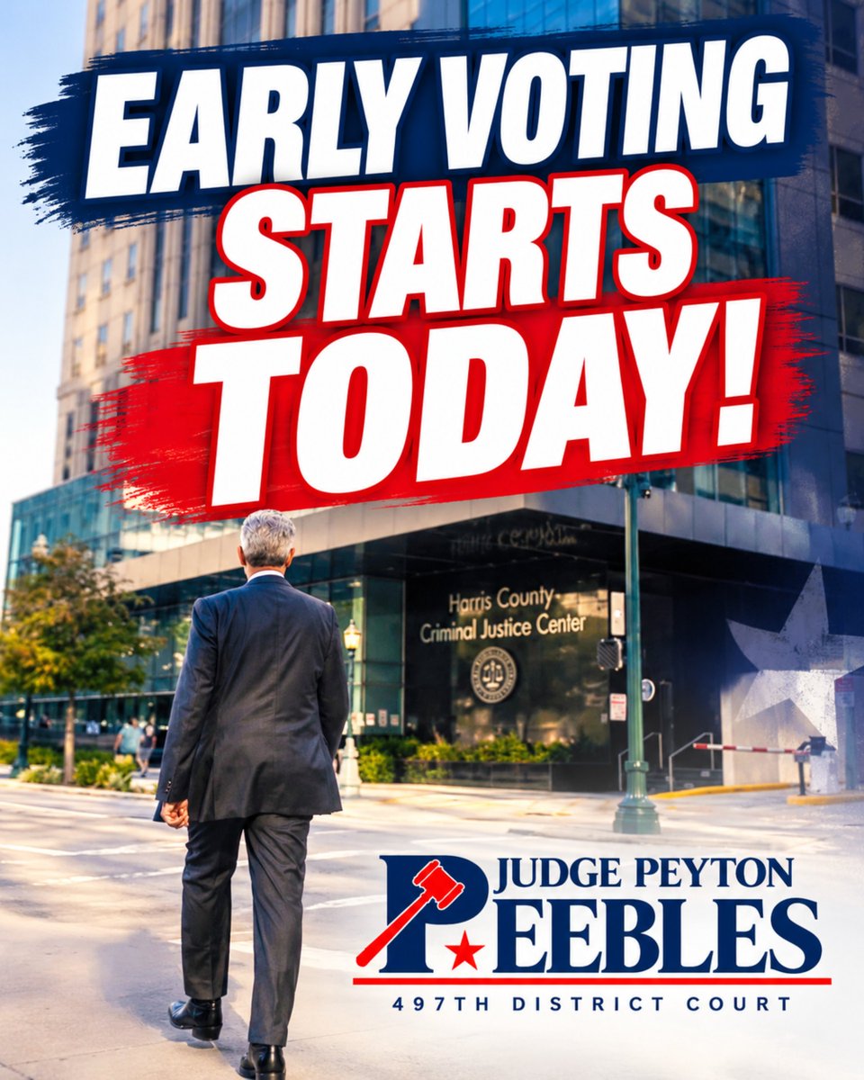 PeeblesFor497's tweet photo. EARLY VOTING BEGINS TODAY!
What’s on the ballot? Experience. Integrity. Accountability. Fairness under the law. Respect for the Constitution. A commitment to public safety.
I’m Judge Peyton Peebles of the 497th District Court, and I would be honored to earn your vote. https://t.co/qp30B7kN3z