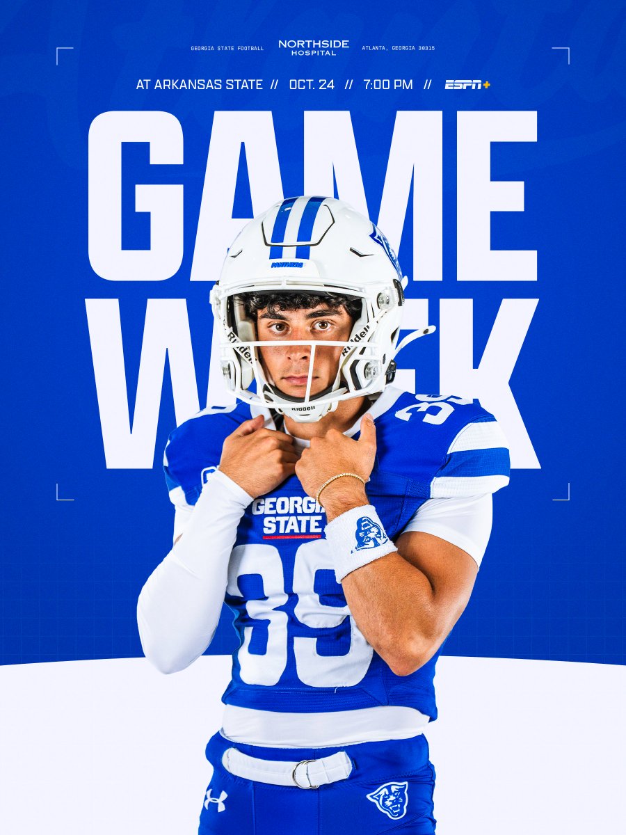 GeorgiaStateFB's tweet photo. PANTHERS HIT THE ROAD (AGAIN)! ✈️

🆚: Arkansas State
🗓️: Saturday, October 24
⏰: 7:00 PM ET
📡: ESPN+ / WRAS-FM 88.5
📍: Jonesboro, AR

#LightItBlue | @NorthsideHosp https://t.co/oKBIzm3YAn