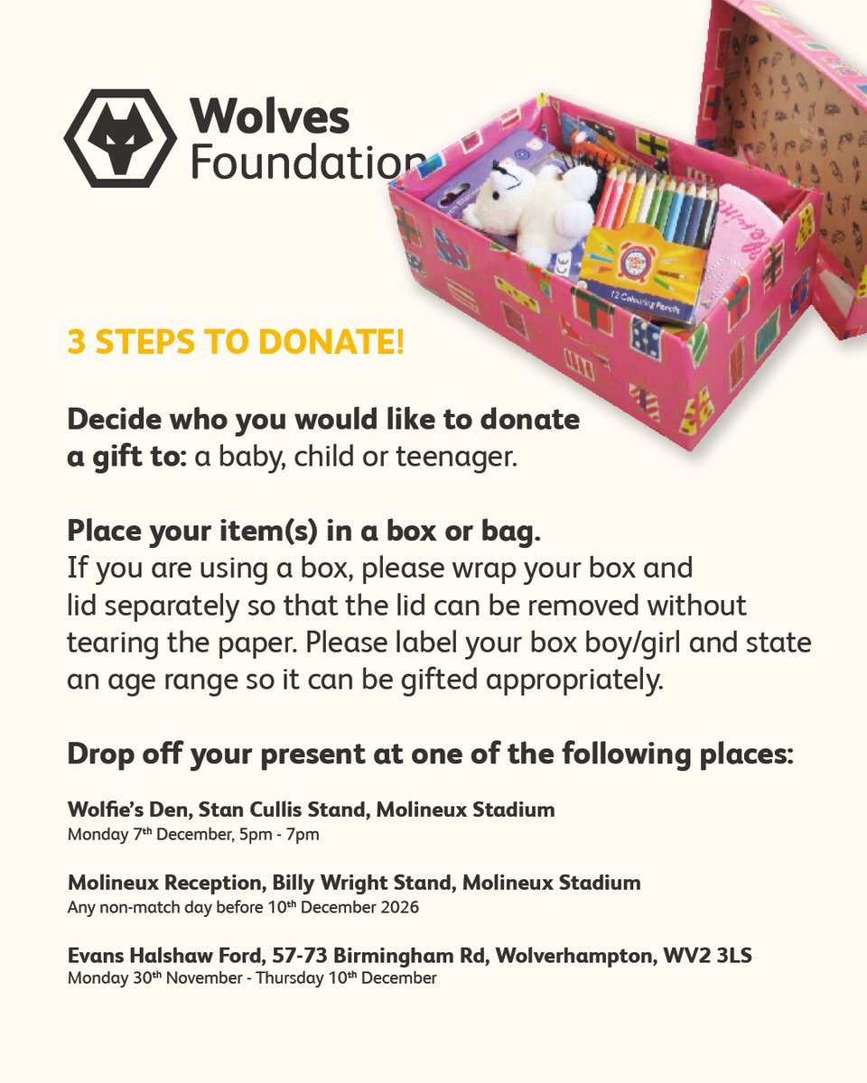 wwfcfoundation's tweet photo. Can you help us support children who may not receive a present this Christmas? 🎅

Everything you need to know about this year's Shoebox Appeal 👇🎁

🤝 @Young_Wolves | @evanshalshawuk https://t.co/93MiHr4swm