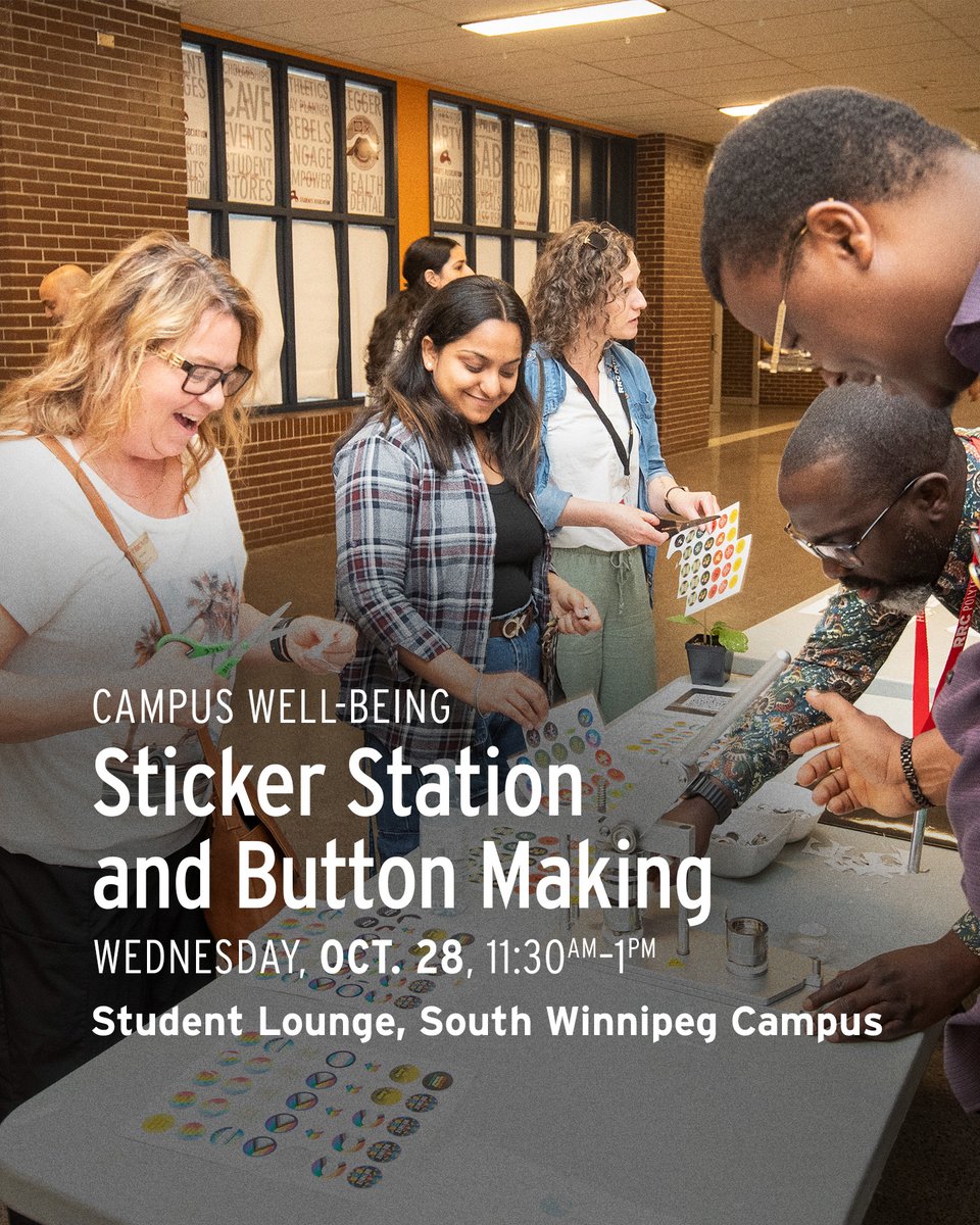 RRC's tweet photo. Students and staff are invited to drop by a Button Pin Making Station on October 28 at SWC to design a custom pin using colourful markers and motivational stickers. Take a creative break, connect with others and leave with a little positivity. No experience needed, just drop in! https://t.co/FQMsmSRa2B