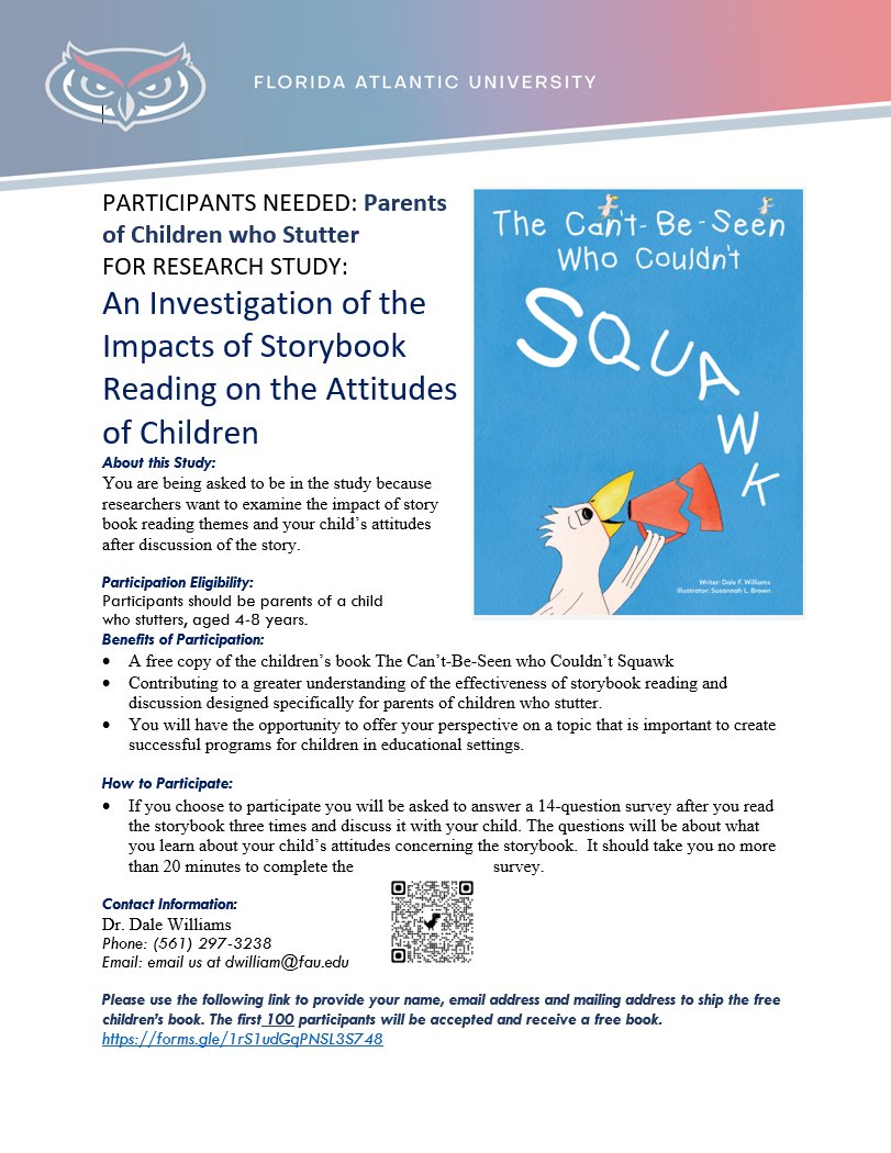 DrDaleFWilliams's tweet photo. Looking for Parents of Children who Stutter to complete a short survey. The first 100 participants get a free copy of the children’s book The Can’t-Be-Seen who Couldn’t Squawk. Please share w anyone you think can help. Thanks
#stuttering #research #parents #free #isad #stammering https://t.co/cWG4mHFDle