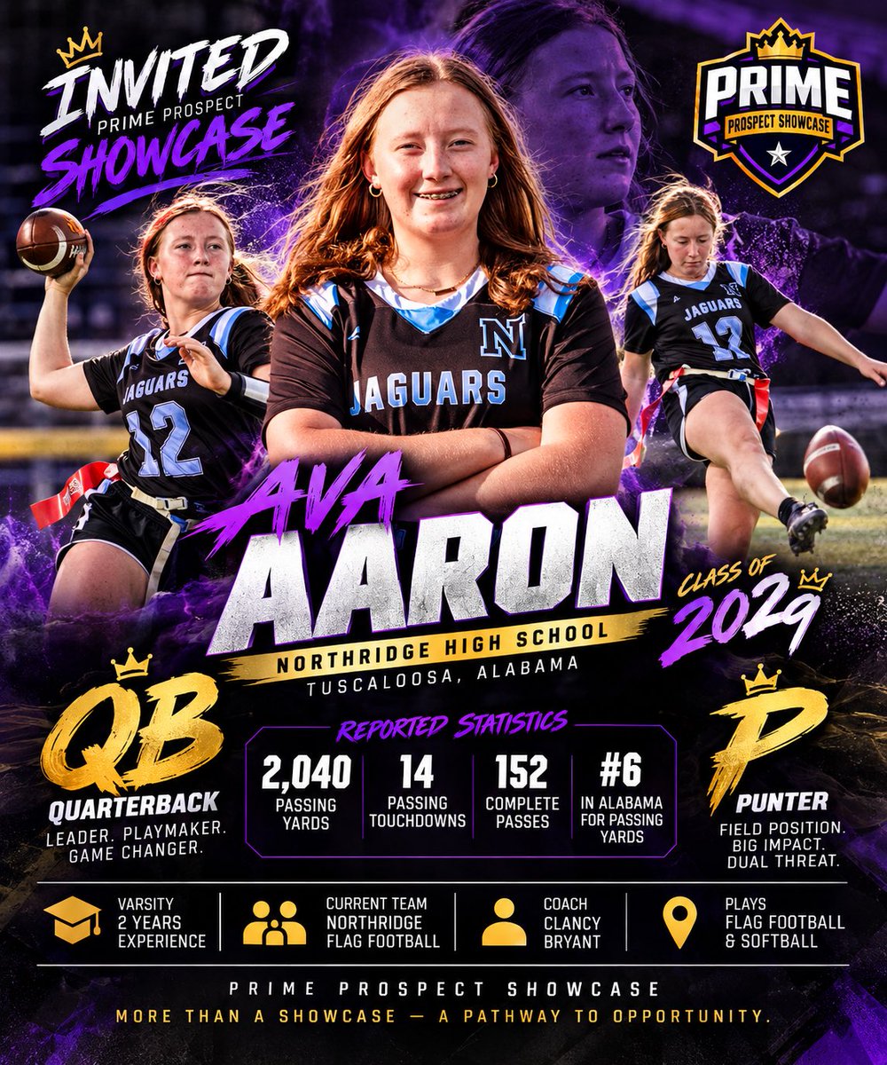 _PrimeFlag's tweet photo. 🚨🏈 PRIME TALENT ALERT! 👑💜

Welcome AVA AARON to the 2026 PRIME PROSPECT SHOWCASE!

🔥 Another talented prospect joins a growing lineup of athletes ready to compete, showcase their skills, and make an impression!

🎓 College coaches, the talent is assembling! 👀 https://t.co/rLPa9Kj94O