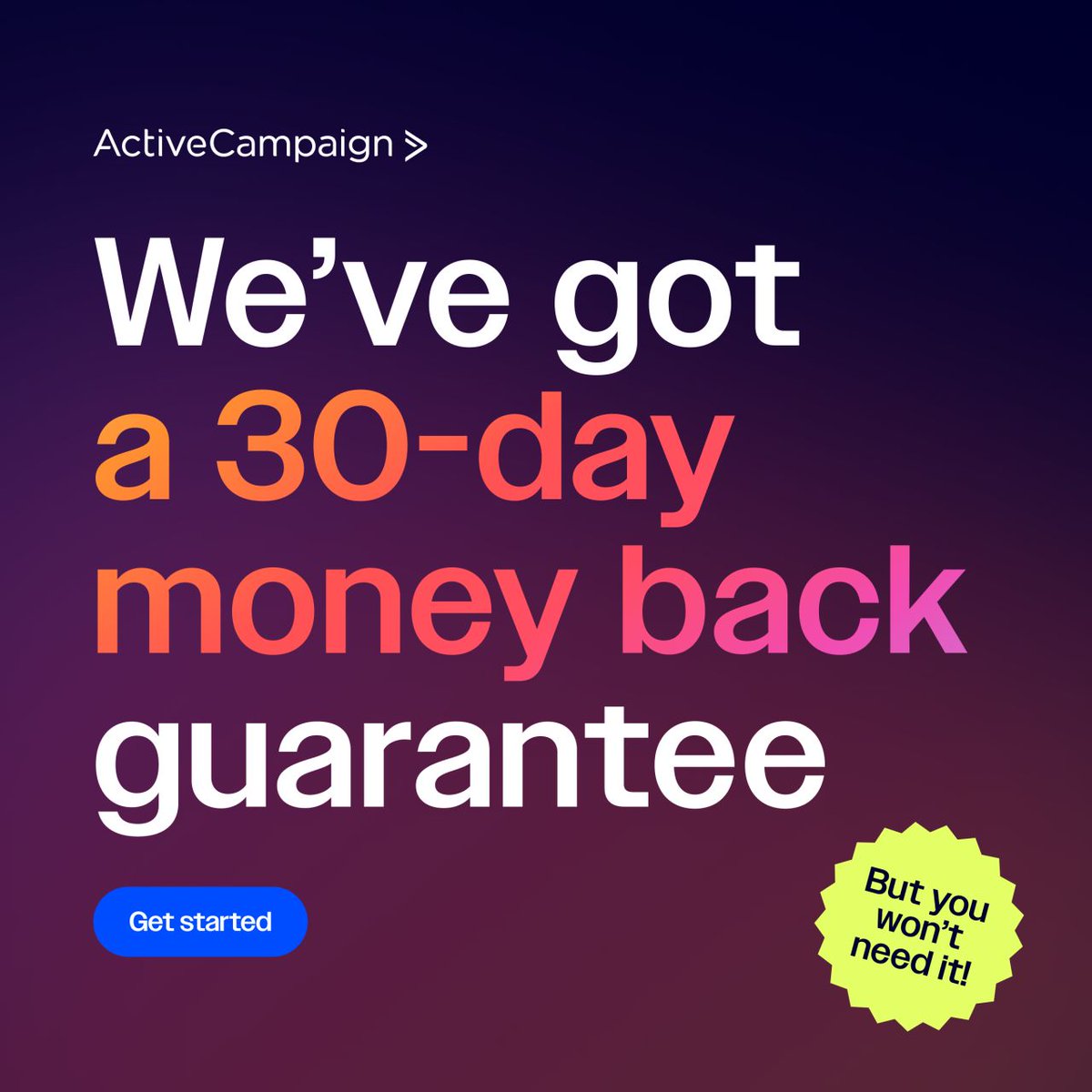ActiveCampaign's tweet photo. Most marketing platforms treat your first 30 days as a grace period, time for onboarding, migration, and figuring out where everything lives before you see a single result. We think the first 30 days should be when the platform proves itself to you, not the other way around.

That’s what our results guarantee is built on. See real outcomes in your first 30 days, or get your money back. No hoops, no separate opt-in.

88% of surveyed customers say we deliver value faster than their previous tool. 77% report better lead generation and conversion. And most save at least 10 hours a week once Active Intelligence is doing the work they used to do by hand.

🔗 Comment "30" below if you want a link to a free trial!