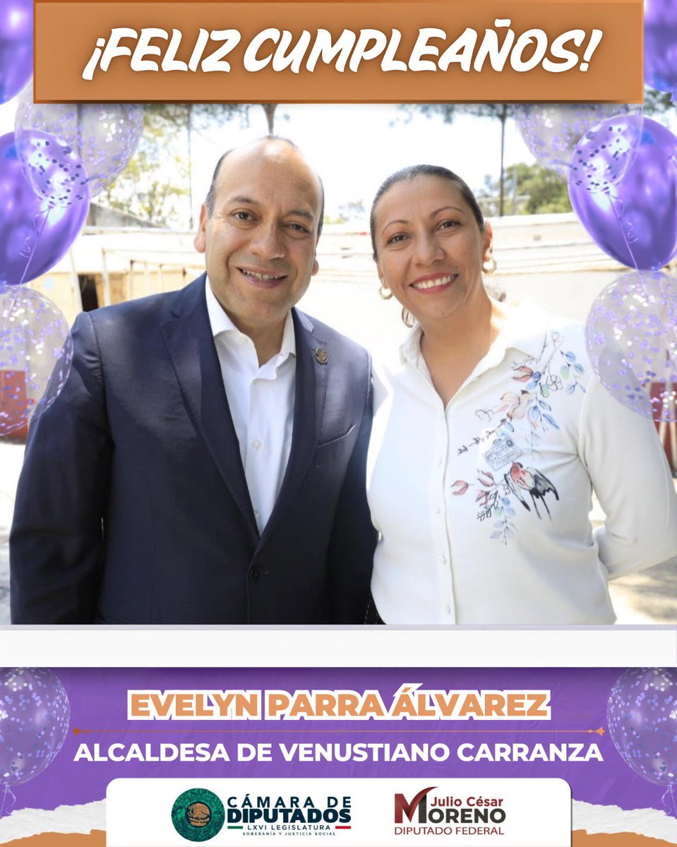 julioc_moreno's tweet photo. Hoy quiero enviar una felicitación muy especial a mi amiga y alcaldesa, @evelyn_parraA , con motivo de su cumpleaños. 🎉🎂

Te deseo mucha salud, alegría y bendiciones en este nuevo año de vida. Reconozco tu compromiso y el trabajo que realizas todos los días por el bienestar de las familias de Venustiano Carranza.

¡Que vengan muchos éxitos más y que sigas trabajando con esa entrega por nuestra gente! Te mando un fuerte abrazo. 🎊

#JCM