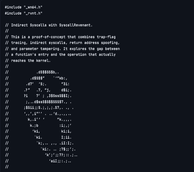 bytecodevm's tweet photo. Clean indirect syscalls on Windows x64. It single-steps a hooked ntdll stub with the CPU trap flag to learn the live System Service Number and the syscall opcode, then jumps to that opcode with different arguments and a spoofed return address. The public proof of concept injects a calc.exe launcher into Notepad. 
https://t.co/lPZfl7uoL9

#DirectSyscalls #DoomSyscalls #EDR #EDRBypass #ETW #ETWThreatIntelligence #HalosGate #HellsGate #IndirectSyscalls #NTDLL #parametertampering #PEB #PEBWalking #ProcessInjection #returnaddressspoofing #RIPspoofing #ROR13 #si13nt #SilentisVox #SYSCALL #SyscallRevenant #SystemServiceNumber #SysWhispers #TartarusGate #TrapFlag #VectoredExceptionHandler #VEH #WindowsInternals
