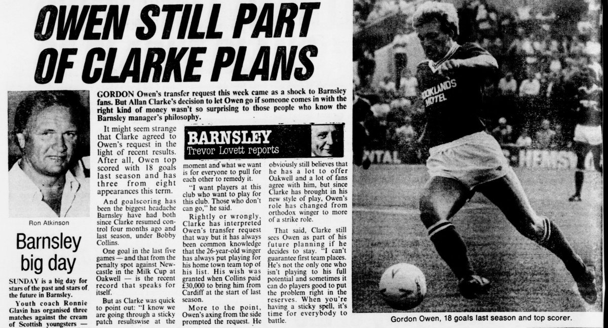 BarnsleyFCOTD's tweet photo. After Gordon Owen's transfer request earlier in the week, on this day in 1985 reports indicated that he'd be part of Allan Clarke's plans if he stayed but he could go if he didn't want to play for #BarnsleyFC #GordonOwen https://t.co/auZSB7MOjp