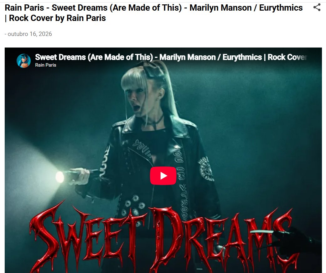metalrockpunkns's tweet photo. Rain Paris - Sweet Dreams (Are Made of This) - Marilyn Manson Eurythmics Rock Cover by Rain Paris
https://t.co/tl2ugHY2Ka
#rainparis #rainparismrpn https://t.co/1vSklzpBW7