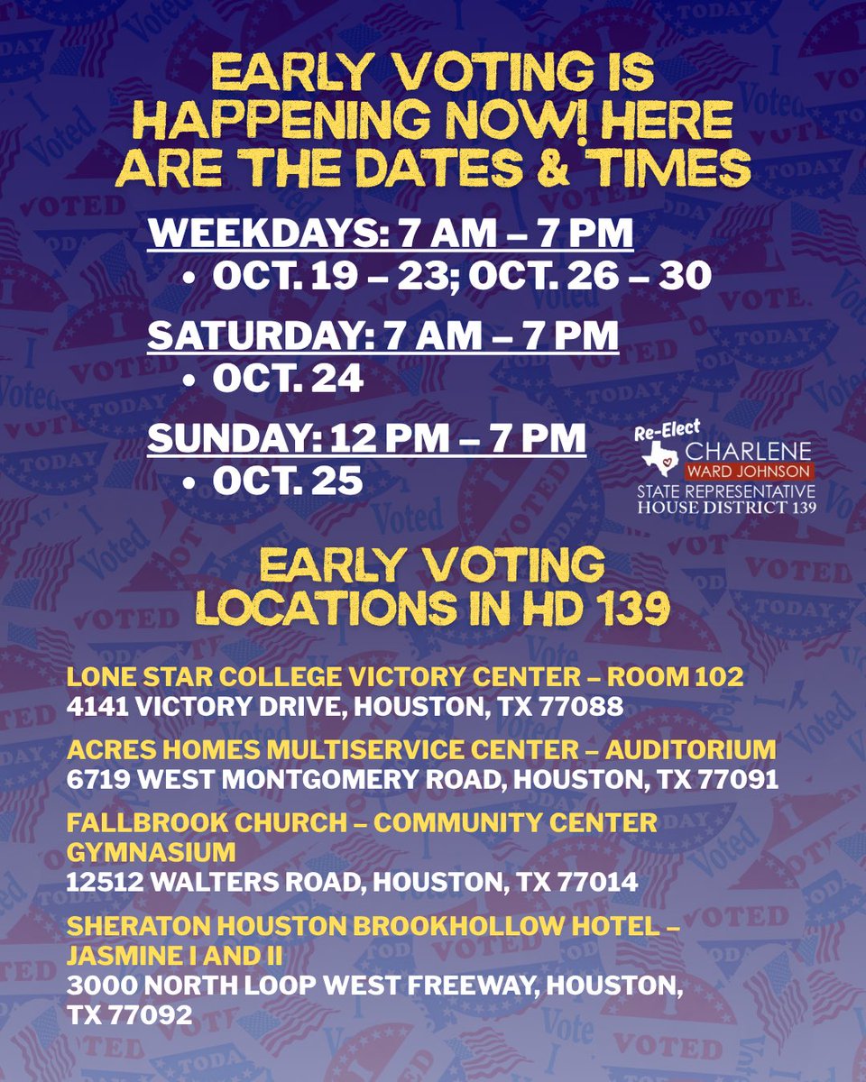 RepCWJ's tweet photo. Early voting has officially started! 🗳️ It’s time to head to the polls and cast your ballot in this year’s Midterm Elections 👏🏾

Still trying to figure out what you need to know before voting? Check out my voter guide to get all the information on this election! 📋 #TeamCWJ #vote https://t.co/Cpi4tmeIlX