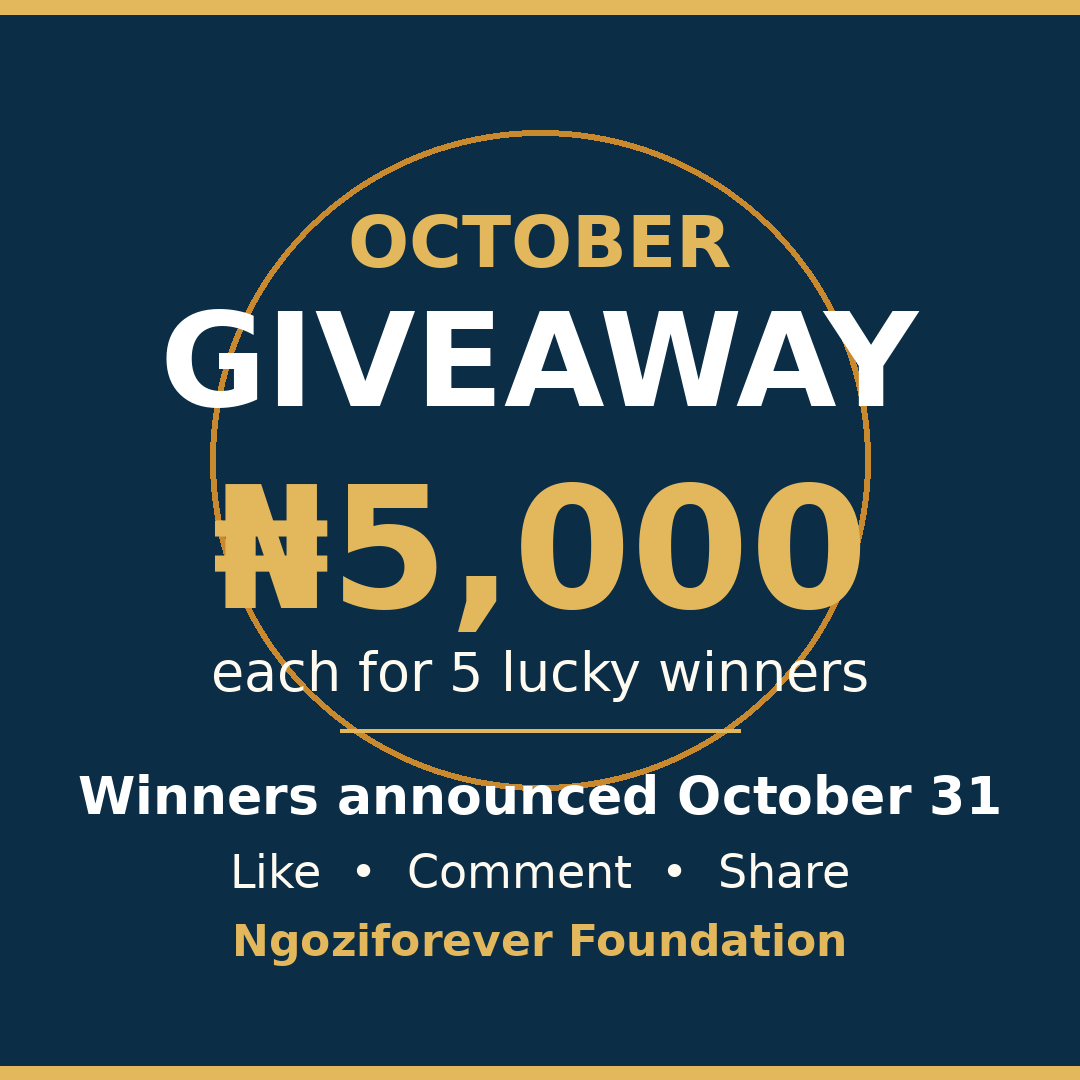 NgoziforeverF's tweet photo. 🎉 October Giveaway update! ₦5,000 each for 5 winners. To enter: like, comment, share &amp; keep recommending us. Winners picked randomly Oct 31! We'll DM winners privately — never post bank details publicly. Jesus is King! 👑 https://t.co/8B70MECU1R