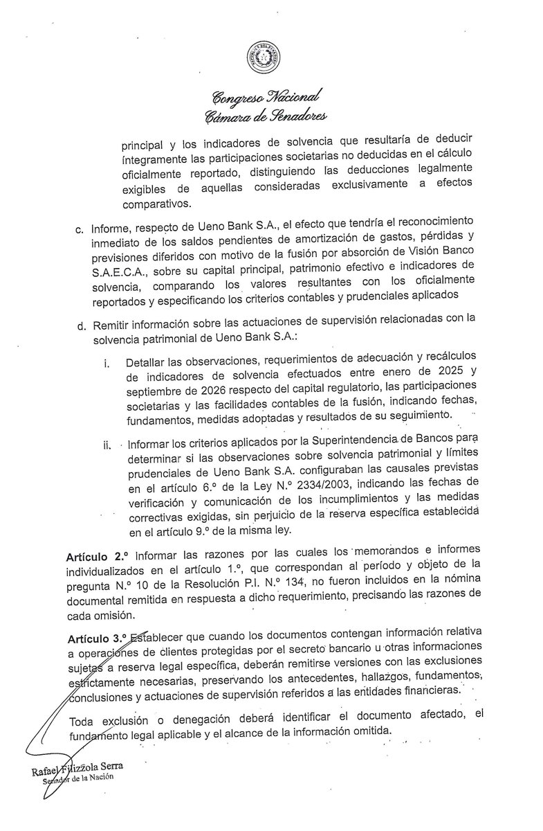 FilizzolaRafael's tweet photo. Como el @BCP_PY ocultó información al Congreso, presenté un nuevo pedido de informe sobre los detalles de la fusión de que tuvo Ueno/Peña con otra entidad. El Banco Central debe explicar sobre el capital regulatorio, el impacto de los gastos diferidos en la solvencia y las supervisiones realizadas entre 2024 y 2026. También debe aclarar cómo quedaría la solvencia si se dedujeran íntegramente las participaciones societarias que hoy no se descuentan.

Si existe información protegida por el secreto bancario, debe entregar versiones con exclusiones mínimas y debidamente fundamentadas. Estamos hablando de casi US$ 900 millones de los jubilados, los trabajadores y el Estado depositados en ese banco. La gente tiene derecho a saber qué riesgos corre su dinero.