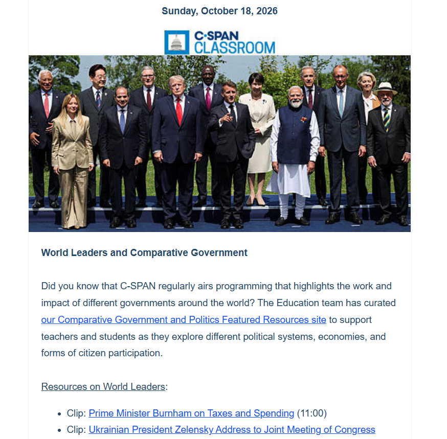 CSPANClassroom's tweet photo. Make your Monday better with this week's @CSPAN Classroom e-newsletter! Visit https://t.co/MUU85jbMe8 for the following:
🌐 our world leaders and AP Comparative Government collection,
🇺🇸 early America (1777-1815) bell ringers and lesson plans,
⛓️ and linkage institution (political parties, voting, elections, and more) resources.