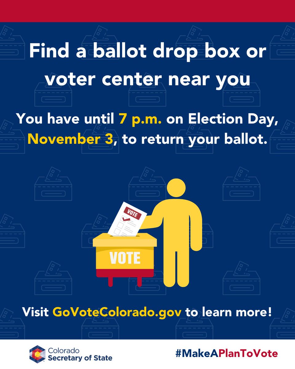 COSecofState's tweet photo. Voter centers across Colorado are now open! Visit https://t.co/HNXNM7Ipuo to find a voter center or drop box near you. #MakeAPlanToVote https://t.co/tAU5ZYKuGE