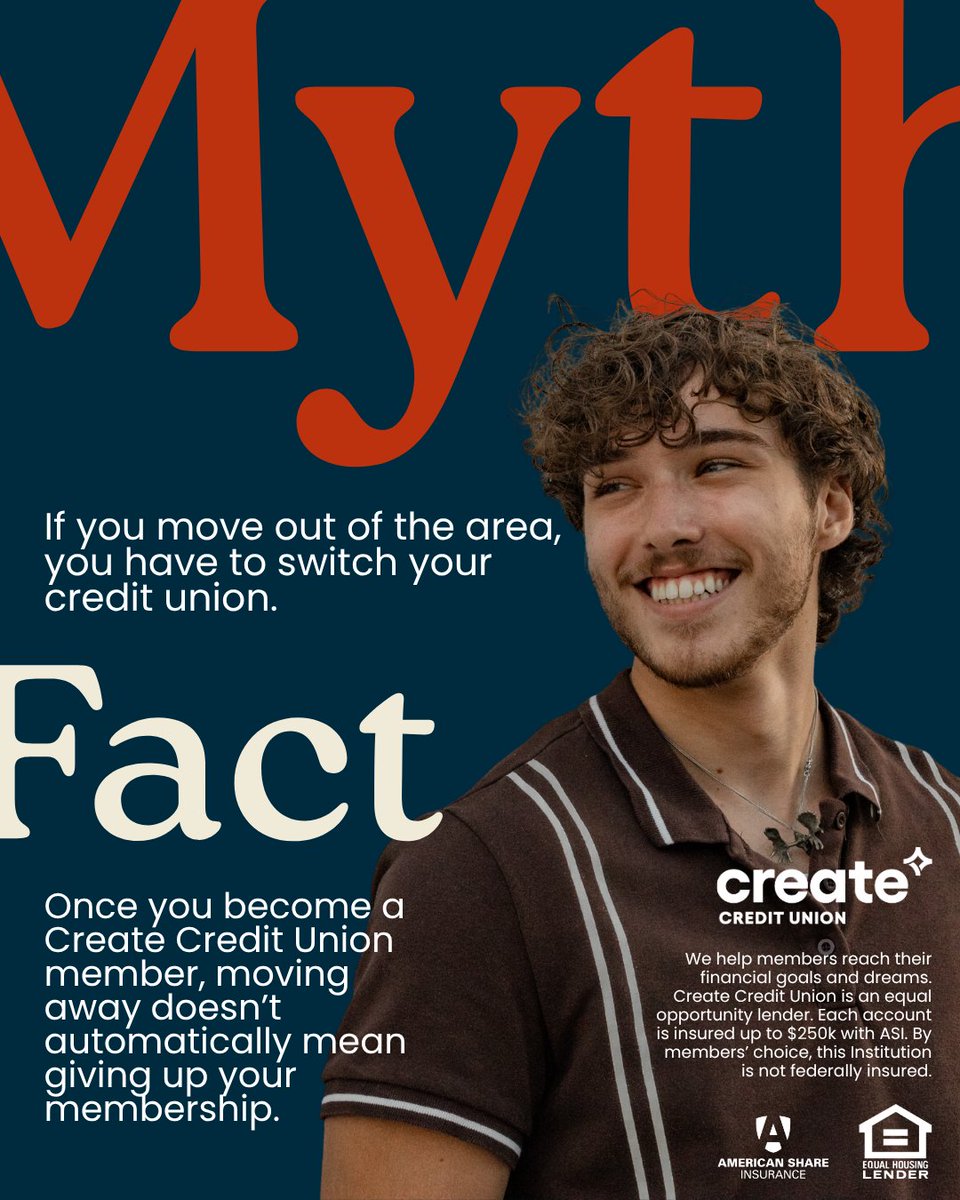 CreateCreditU's tweet photo. Myth: If you move out of the area, you have to switch your credit union.
 
Fact: You can continue banking from wherever life takes you using our ATM network and online banking tools
 
#CreateCreditUnion #CreditUnionMyth #EverydayBanking https://t.co/UFuOK1P09F