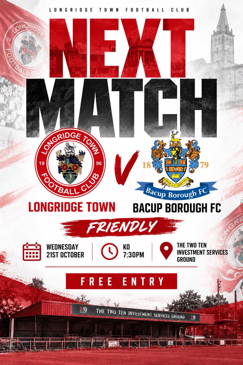 LongridgeTownFC's tweet photo. 🏠🔴 WE’RE BACK AT HOME!

We welcome Bacup Borough FC to the Two Ten Investment Services Ground this Wednesday for a midweek friendly! ⚽️

🆚 Bacup Borough FC
📅 Wednesday 21st October
⏰ 7:30pm KO
📍 The Two Ten Investment Services Ground
🎟️ FREE ENTRY! https://t.co/Gn2yUEUXDp