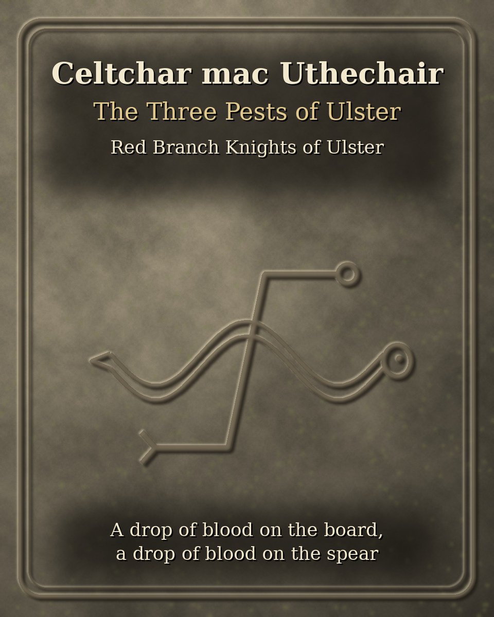 dalriada36963's tweet photo. One drop of blood on a gaming board marked his crime, and one drop of blood on his own spear ended him. This is Celtchar mac Uthechair of the Red Branch.

Bláí the Hospitaller was one of the great men of Ulster, with seven herds of seven score cows, a plough-team with every herd, and a guest-house open to all. He was also bound by a strange geis: any woman who came to his house in company, without her husband, must share his bed. When Brig Brethach, Celtchar's wife, arrived that way, the old man warned her, then gave in. Celtchar came looking for her. Bláí ran to King Conchobar's side in the royal house, where the king sat over a game of fidchell with the young Cú Chulainn, and Celtchar drove a spear through him so hard it stuck in the wattle wall behind. One drop of blood fell on the board. The players measured it, and it lay nearer Conchobar, so his revenge would be the longer in coming.

Celtchar fled south to the Déisi of Munster, but the Ulstermen had no wish to lose a second man. Conchobar sent Celtchar's son to bring him home under his protection, since in those days a father's crime was never laid on his son. The fine for Bláí was heavy: Celtchar must free Ulster from the three worst pests it would see in his lifetime. The first was Conganchnes mac Dedad, "Horny-skin", come to avenge his brother Cú Roí, whose hide turned spears and swords as if they were horn. Celtchar promised him his daughter Niam and a dinner for a hundred every afternoon, and Niam coaxed out his secret: red-hot iron spits through the soles of his feet and up through his shins. A host crept in on their bellies, hammered the spits home, and Celtchar took his head. Every man who passed laid a stone, and a cairn rose over him.

The second pest was the Dun Mouse, a whelp found in a hollow oak and raised by a widow until it killed her flocks, her son and herself, then laid waste a homestead in Ulster every night. Celtchar boiled an alder log in herbs, honey and grease until it was soft and tough, hollowed it the length of his arm, and waited in its cave. When its teeth sank into the wood, he reached through and tore out its heart by the jaws. A year later cowherds heard whelps squealing inside Horny-skin's cairn and dug out three pups. The spotted one became Ailbe, the hound of Mac Da Thó. The dun one went to Culann the smith. The black one, Dóelchú, was Celtchar's own, and while he was away it broke loose and killed a living creature every night: the third pest. Celtchar called it three times. It came and licked his feet, and he struck it through the heart. As he lifted the spear, a drop of its blood ran down the shaft and through him to the ground, and he died. His lament was raised, and his stone and tomb were set where he fell.

Read more & learn the runes 👉 https://t.co/Gb5ufI3LMA

🪨 Like, repost & comment "RUNE" for 1 free Pictish rune pull

#RedBranch #UlsterCycle #IrishMythology