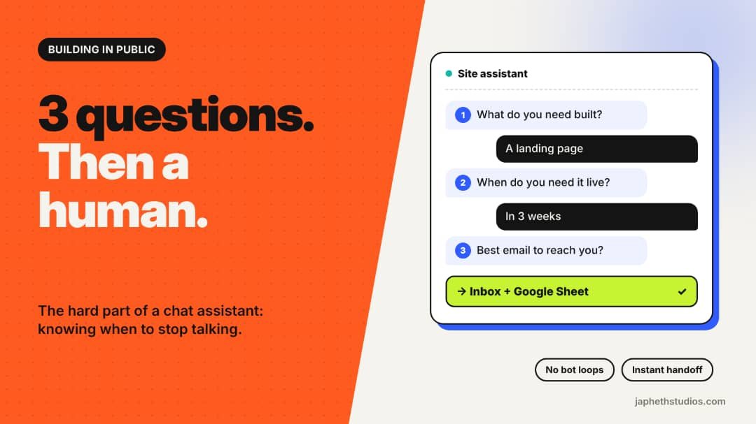 Japheth_studio's tweet photo. Building a chat assistant for my own site this week.

The AI part isn't the hard bit. Deciding when it should stop talking is.

Rule so far: 3 questions max, then your answers land in my inbox + a Google Sheet. No bot loops.

Chat or form: which do you actually use? https://t.co/ahN2BxtHnu