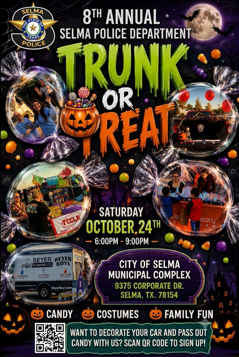 GillmanSubSanAn's tweet photo. The wait is almost over! Selma Police Departments 8th Annual Trunk or Treat is happening this Saturday, Ocotber 24th from 6:00 PM – 9:00 PM. Come see us at the City of Selma Municipal Complex: 9375 Corporate Dr. Selma, TX 78154. Bring your family and join the fun! https://t.co/OCsGwRrvug